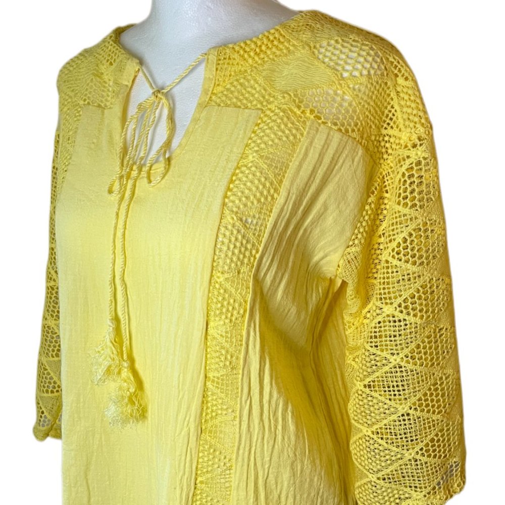 Yellow Lightweight 3/4 Sleeve Shirt with Lace Details & Tassels  Size Medium - Picture 4 of 10